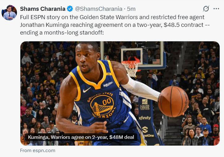 勇士与库明加达成两年合约，交易筹码仍在